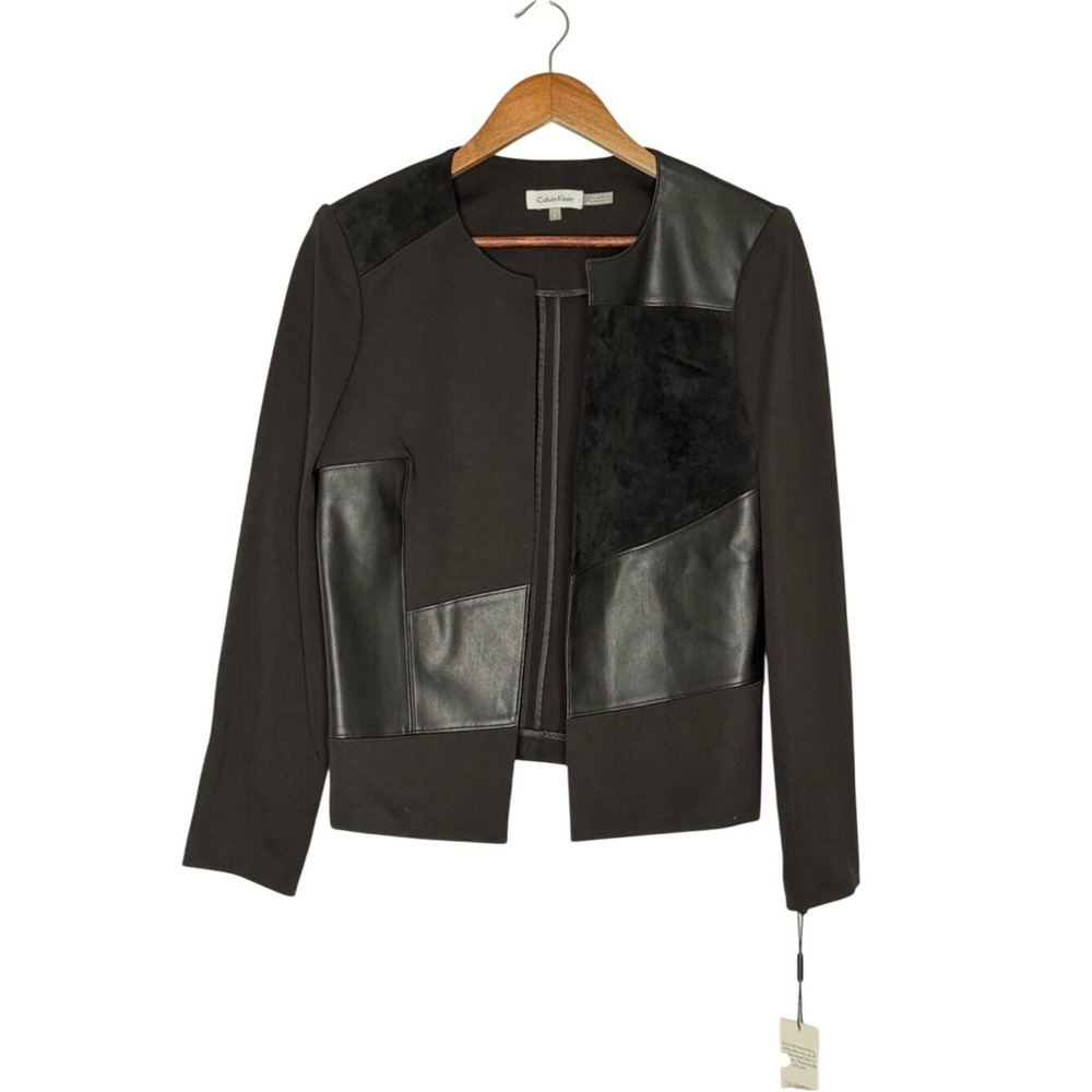 Calvin Klein Faux Leather Panel Open Front Blazer Textured Black‎ Size 8